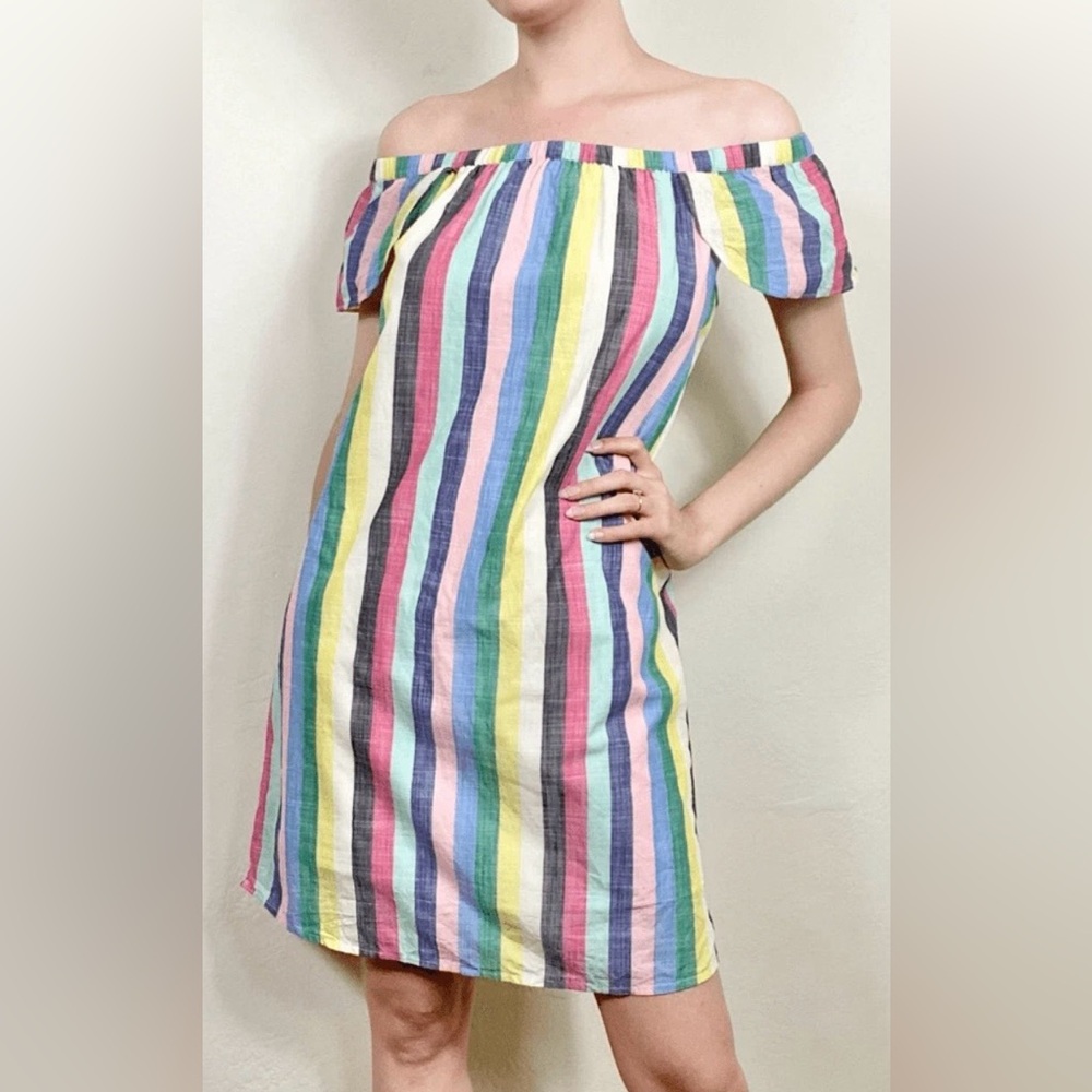 J.Crew Factory Rainbow Stripe Off Shoulder Dress Size 6 Summer Coastal